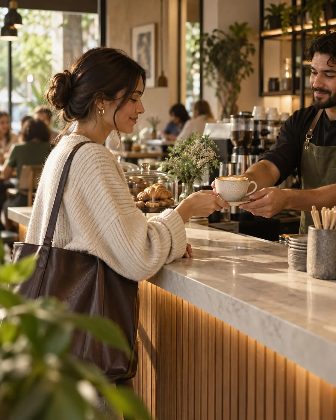 Barista entregando un café con arte latte a una clienta en una cafetería cálida