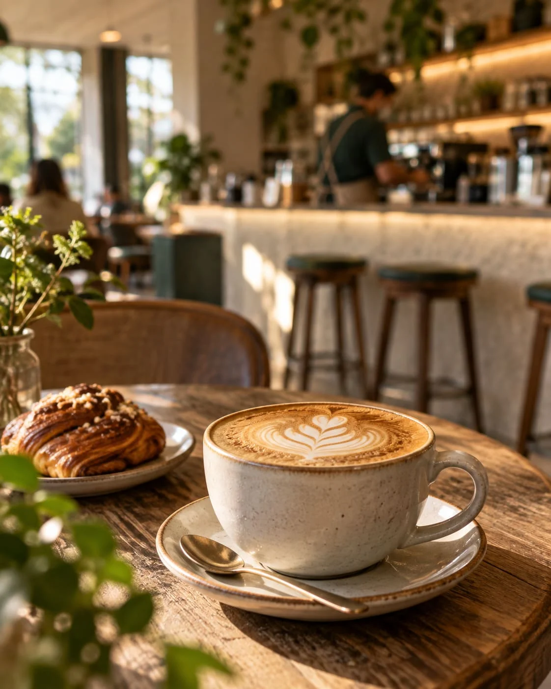 Cafetería — Taza de café con arte latte sobre barra de madera