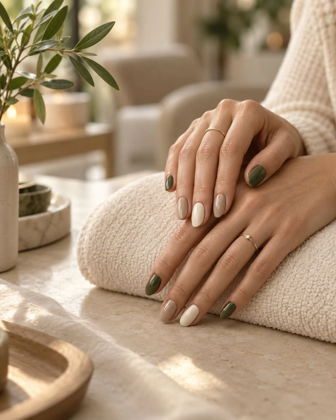 Estética / Uñas — Manos con manicura elegante en tonos neutros