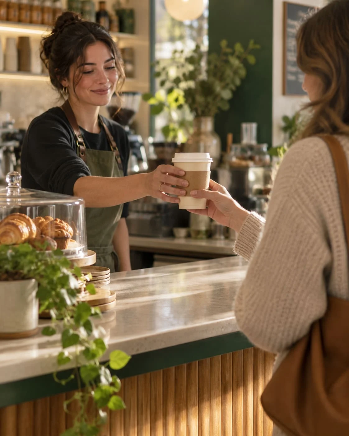 Barista entregando un café para llevar a una clienta sonriente