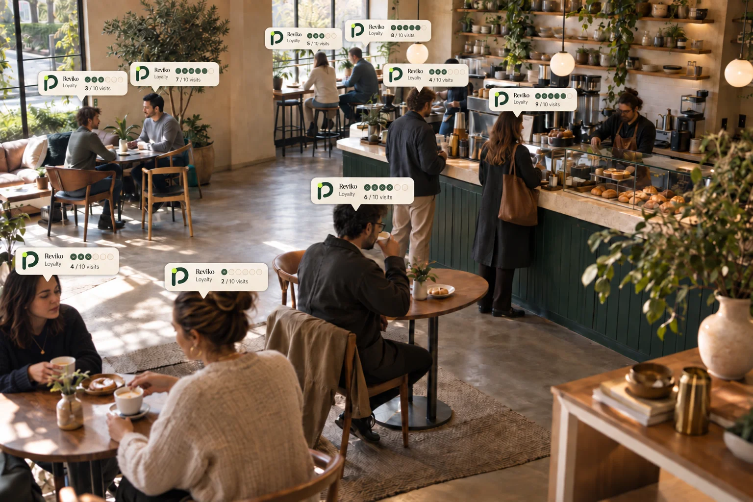Interior de cafetería llena de clientes habituales en un ambiente cálido